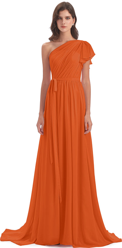 A-line Sweep-Brush Train One Shoulder Chiffon Long Bridesmaid Dresses