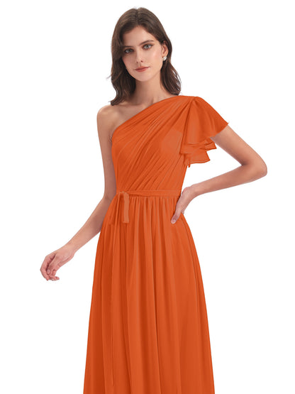 A-line Sweep-Brush Train One Shoulder Chiffon Long Bridesmaid Dresses