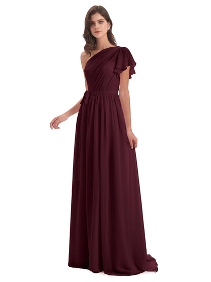 A-line Sweep-Brush Train One Shoulder Chiffon Long Bridesmaid Dresses