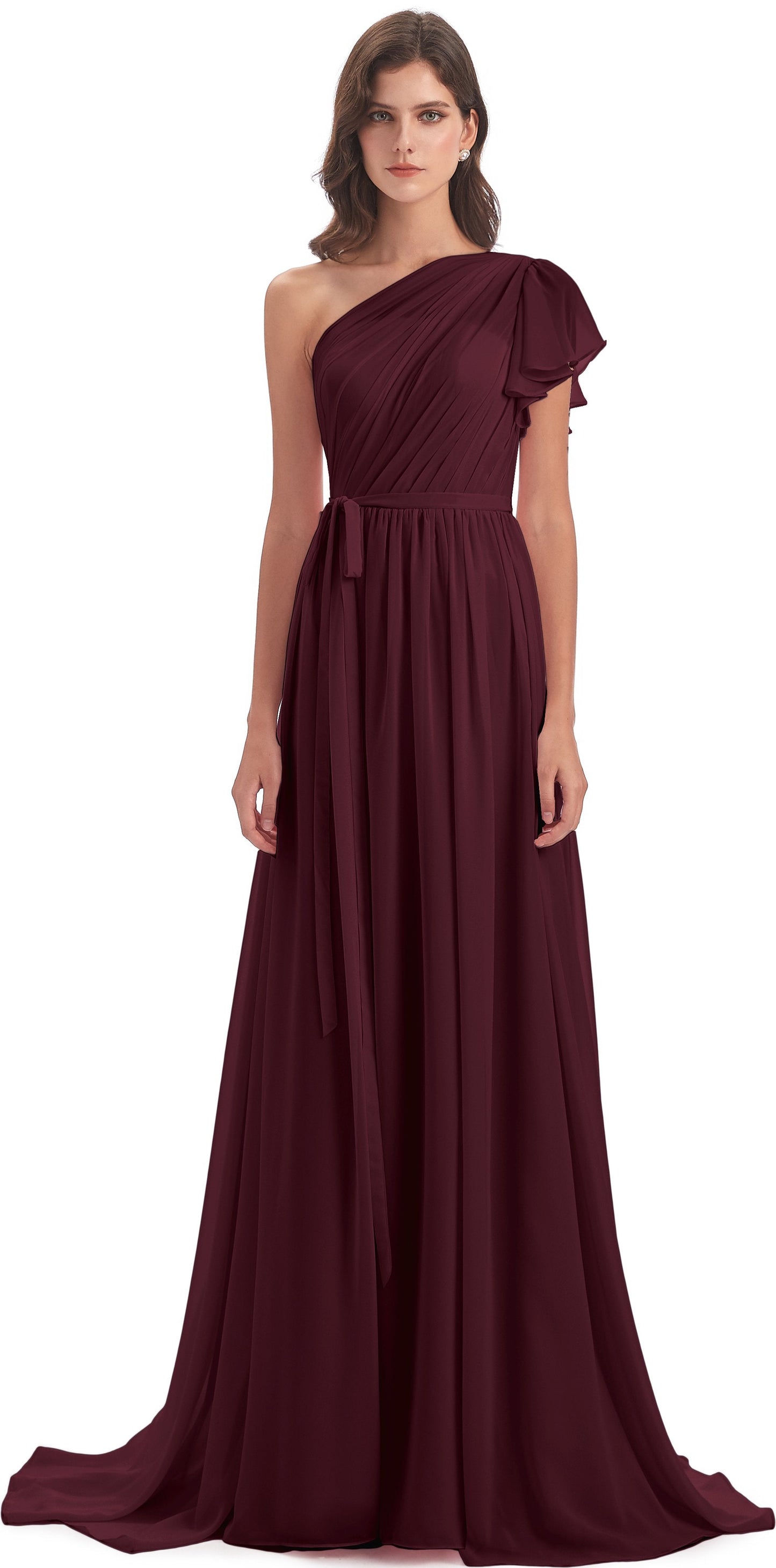 A-line Sweep-Brush Train One Shoulder Chiffon Long Bridesmaid Dresses