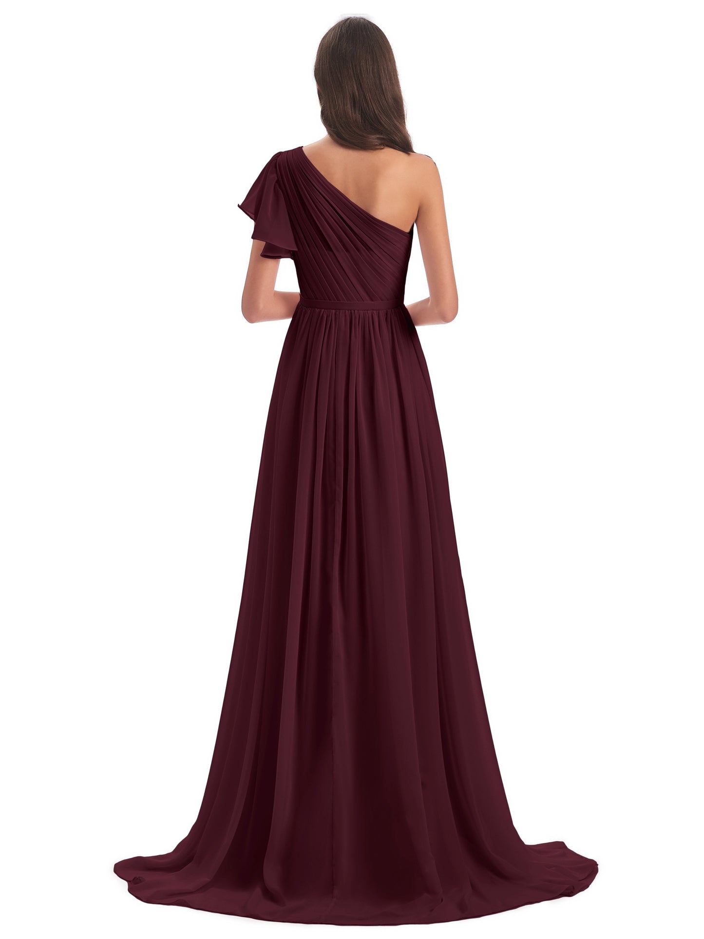 A-line Sweep-Brush Train One Shoulder Chiffon Long Bridesmaid Dresses