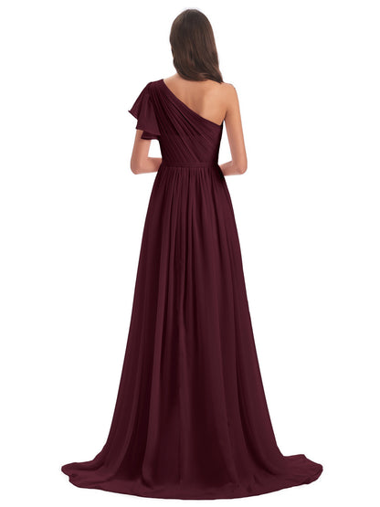 A-line Sweep-Brush Train One Shoulder Chiffon Long Bridesmaid Dresses