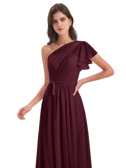 A-line Sweep-Brush Train One Shoulder Chiffon Long Bridesmaid Dresses