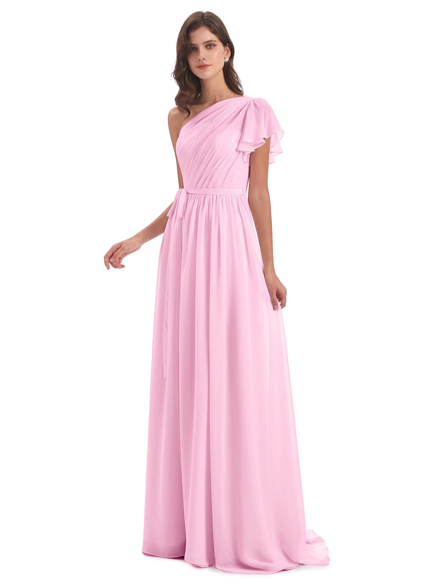 A-line Sweep-Brush Train One Shoulder Chiffon Long Bridesmaid Dresses