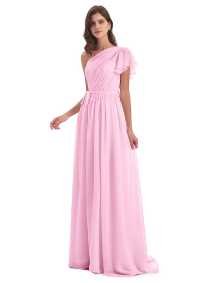 A-line Sweep-Brush Train One Shoulder Chiffon Long Bridesmaid Dresses