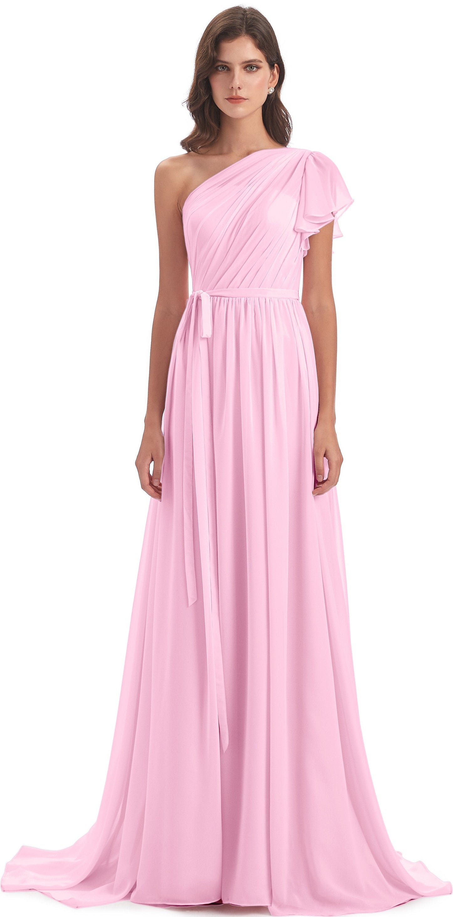 A-line Sweep-Brush Train One Shoulder Chiffon Long Bridesmaid Dresses