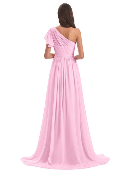A-line Sweep-Brush Train One Shoulder Chiffon Long Bridesmaid Dresses