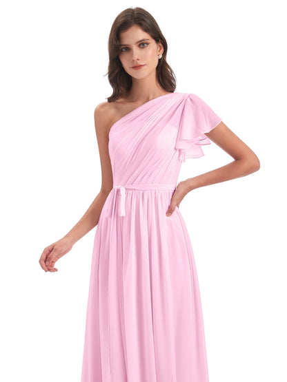 A-line Sweep-Brush Train One Shoulder Chiffon Long Bridesmaid Dresses
