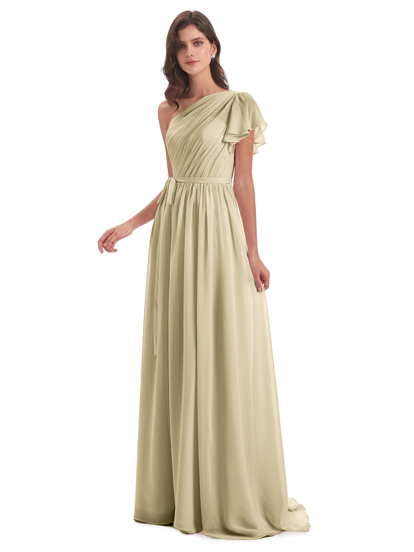 A-line Sweep-Brush Train One Shoulder Chiffon Long Bridesmaid Dresses