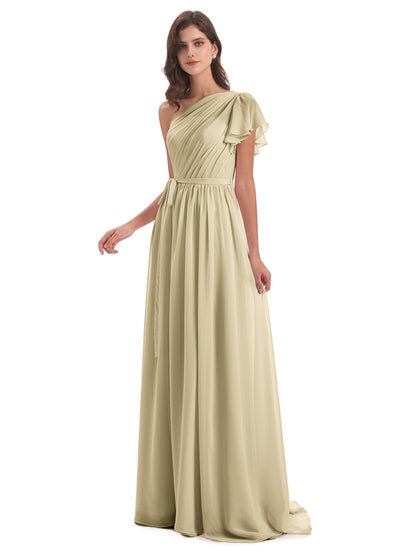 A-line Sweep-Brush Train One Shoulder Chiffon Long Bridesmaid Dresses