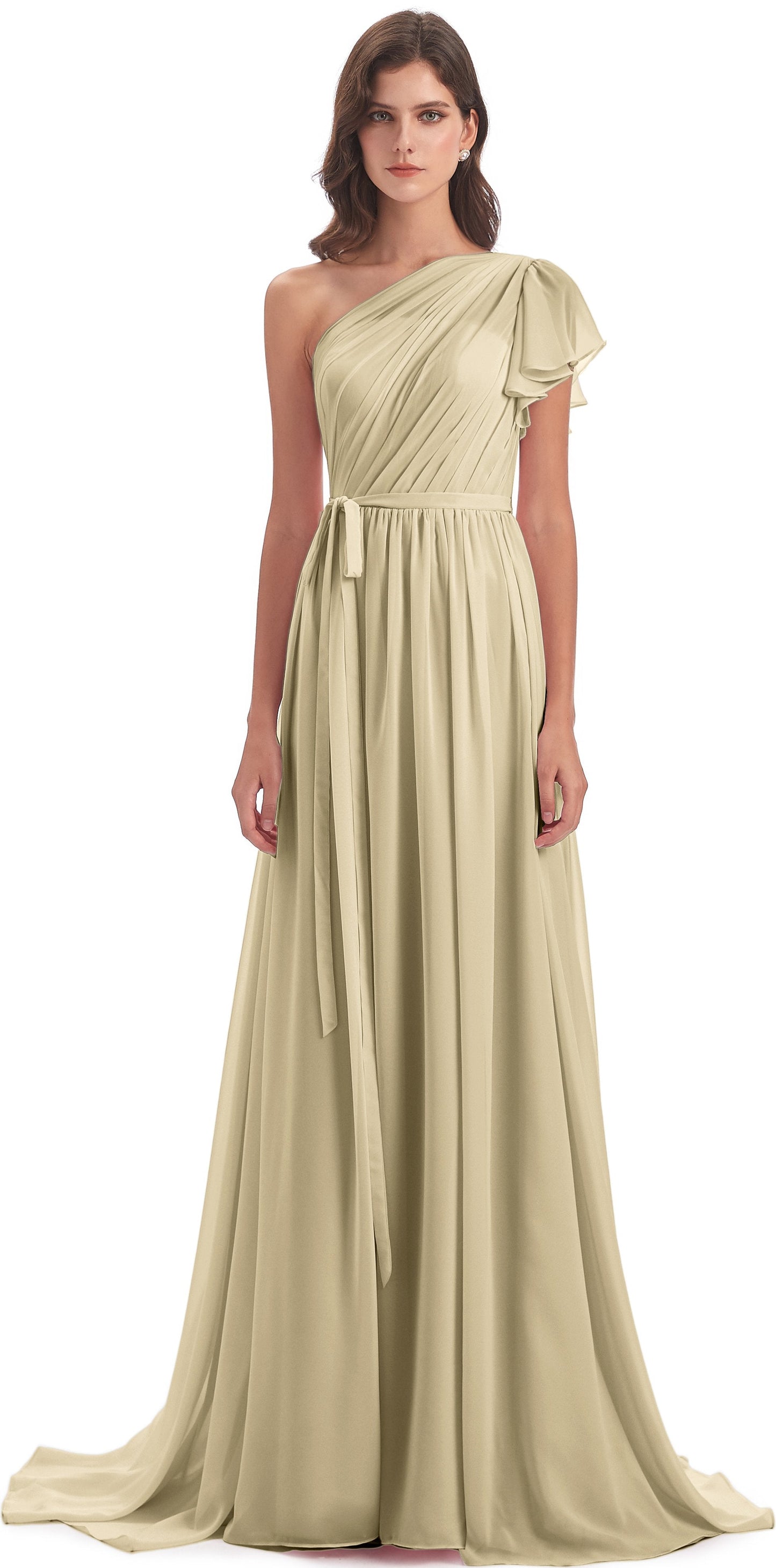 A-line Sweep-Brush Train One Shoulder Chiffon Long Bridesmaid Dresses
