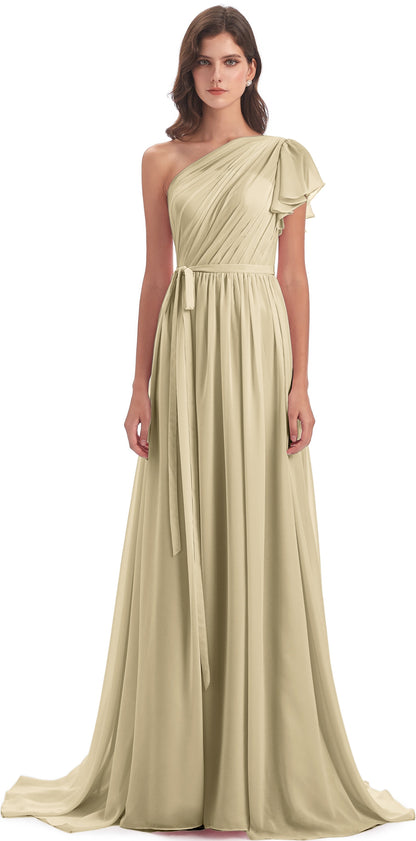 A-line Sweep-Brush Train One Shoulder Chiffon Long Bridesmaid Dresses