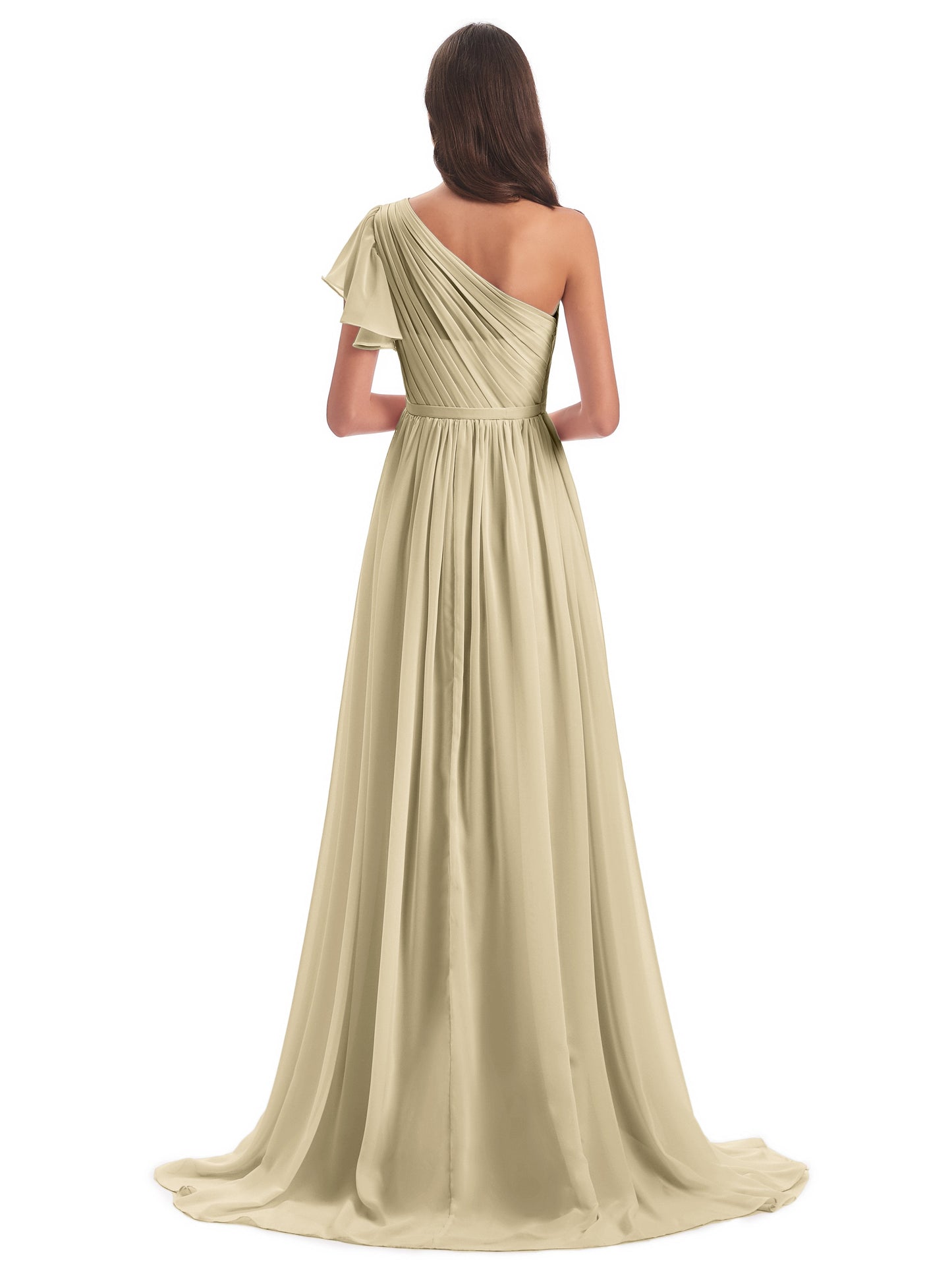 A-line Sweep-Brush Train One Shoulder Chiffon Long Bridesmaid Dresses