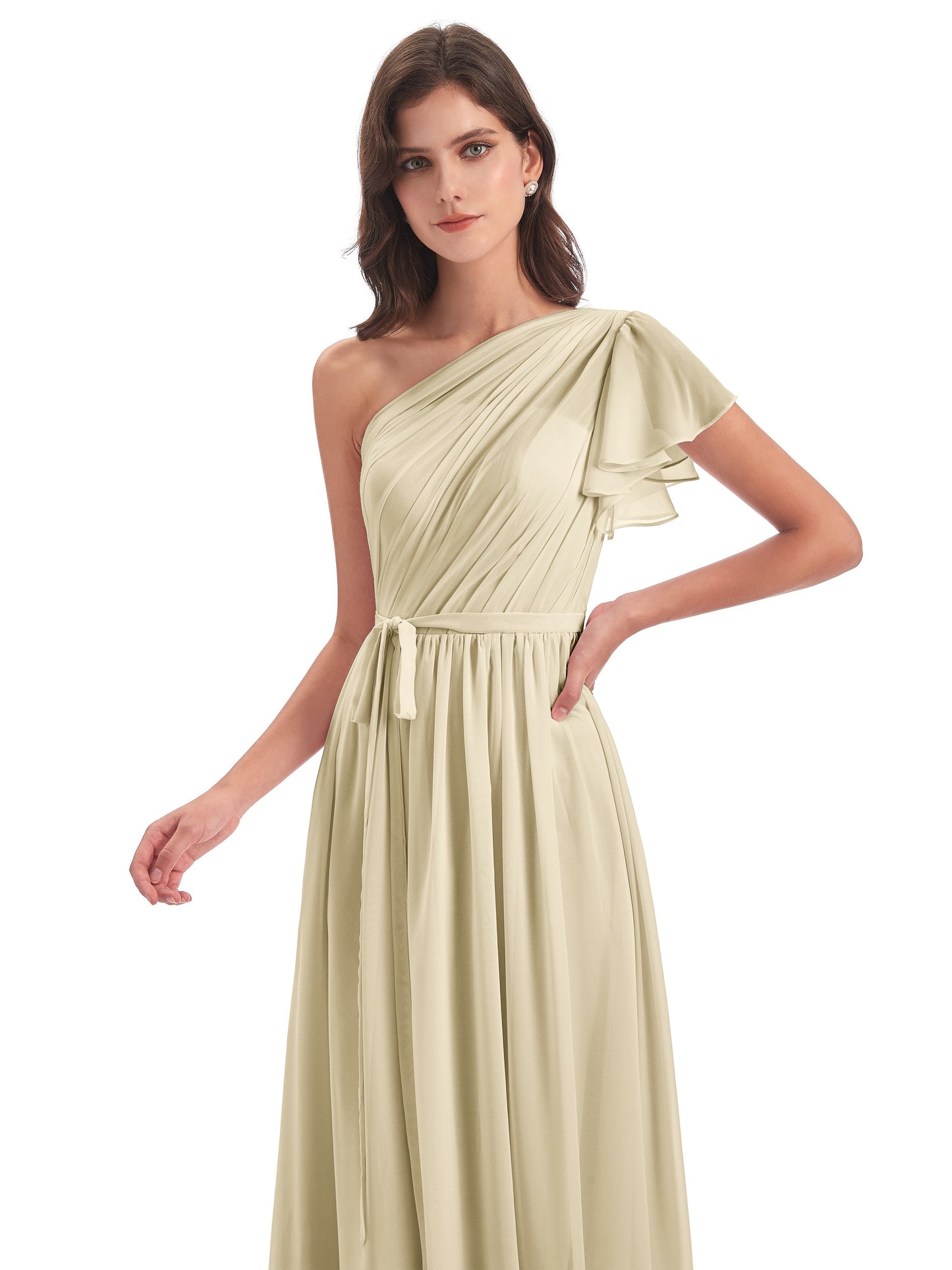 A-line Sweep-Brush Train One Shoulder Chiffon Long Bridesmaid Dresses