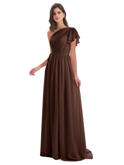 A-line Sweep-Brush Train One Shoulder Chiffon Long Bridesmaid Dresses