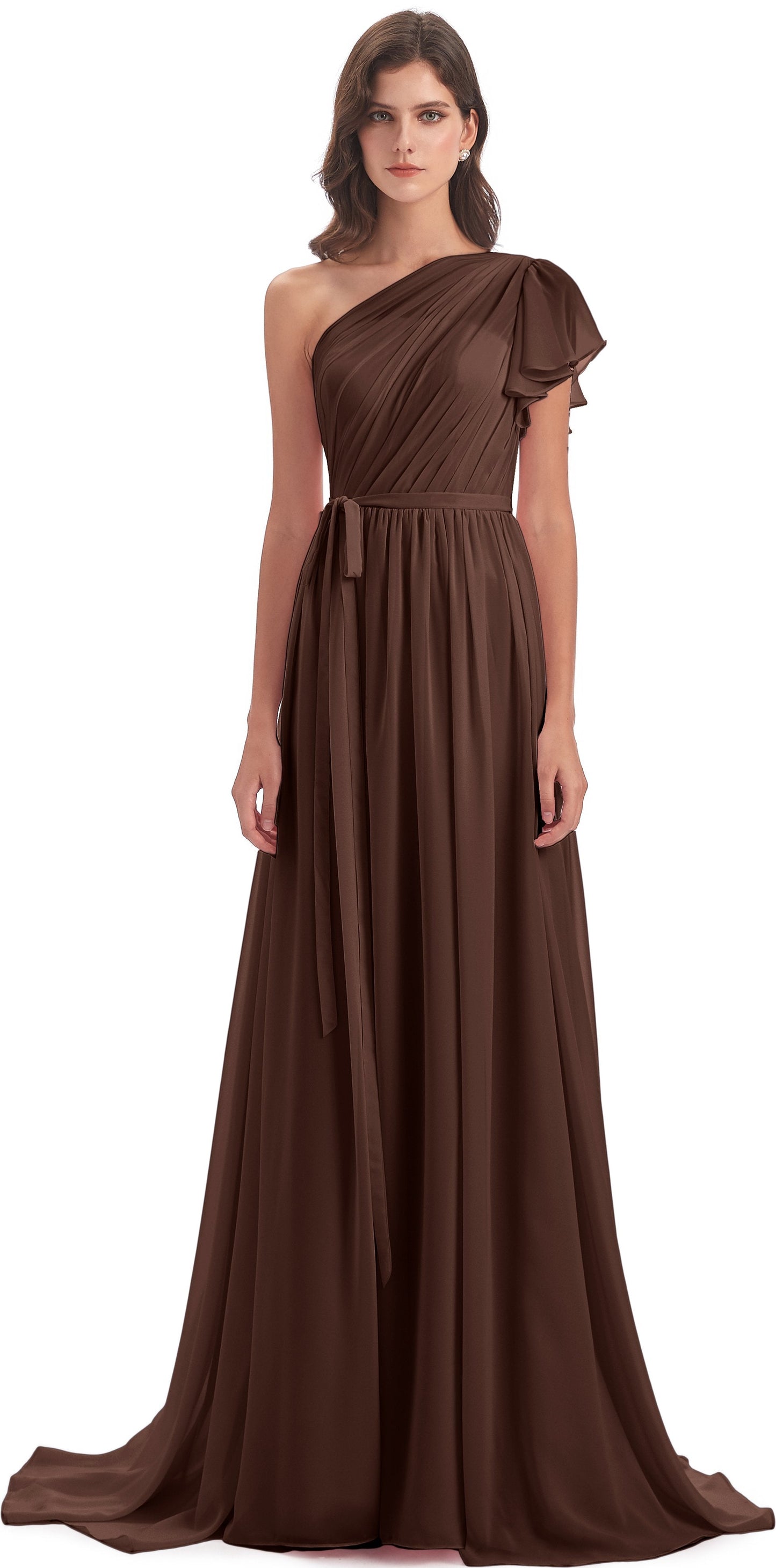A-line Sweep-Brush Train One Shoulder Chiffon Long Bridesmaid Dresses