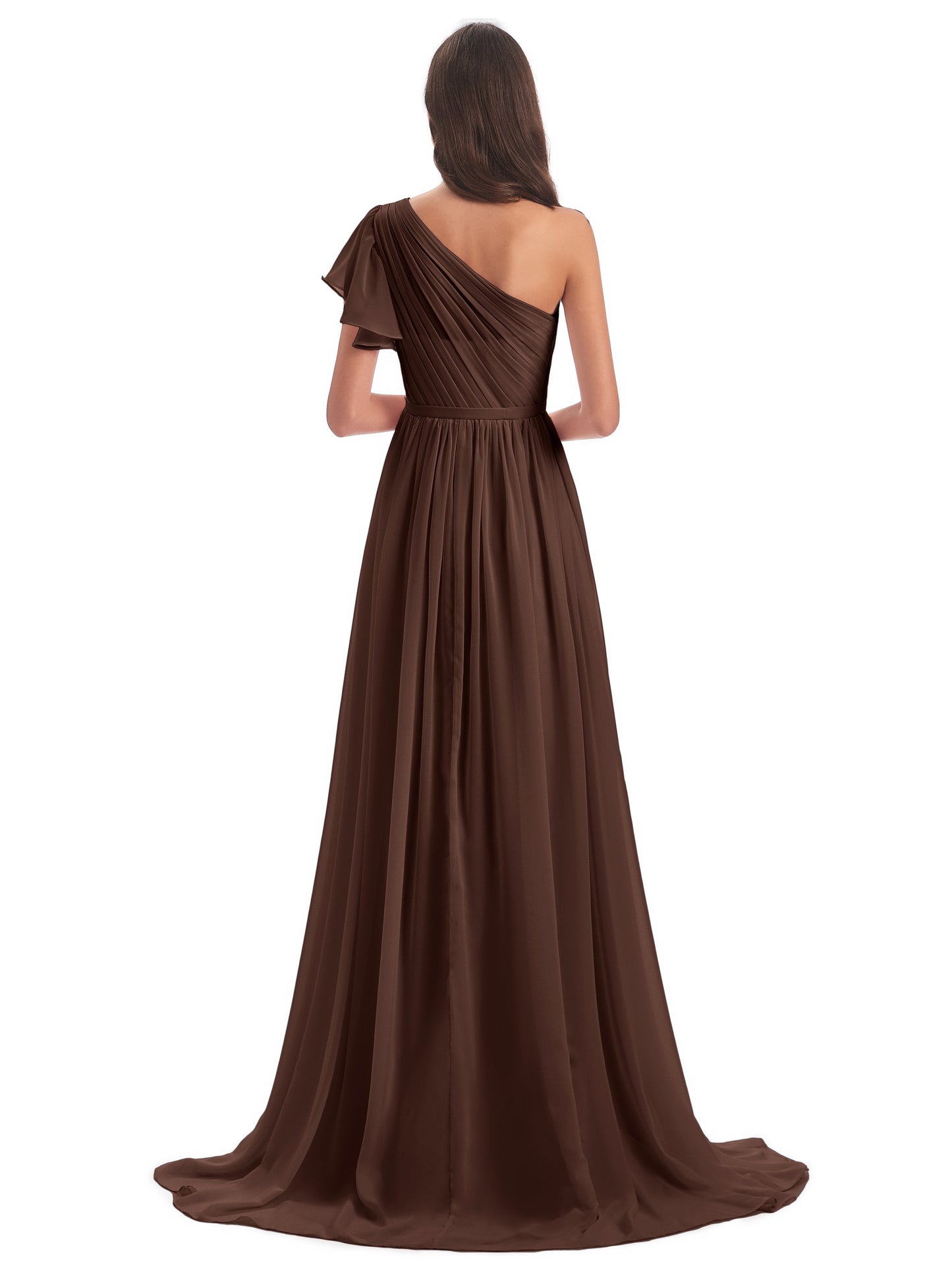 A-line Sweep-Brush Train One Shoulder Chiffon Long Bridesmaid Dresses
