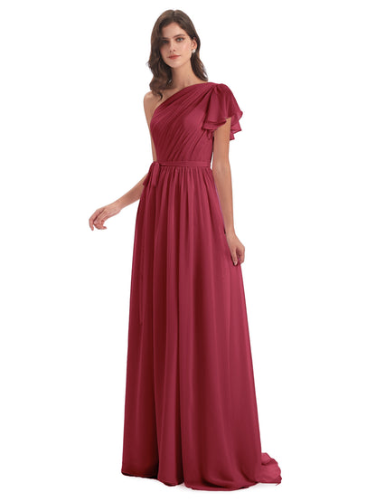 A-line Sweep-Brush Train One Shoulder Chiffon Long Bridesmaid Dresses
