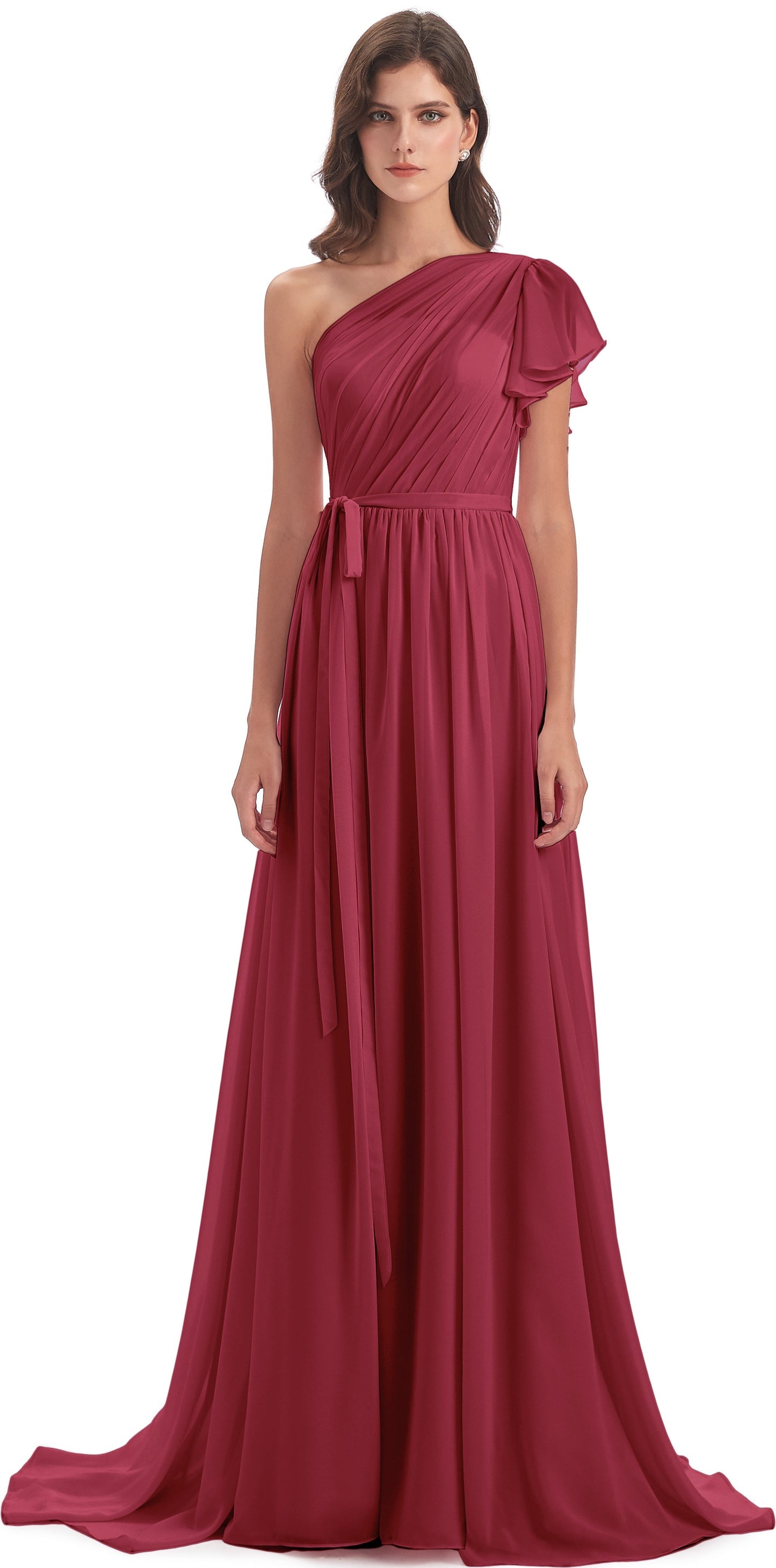 A-line Sweep-Brush Train One Shoulder Chiffon Long Bridesmaid Dresses