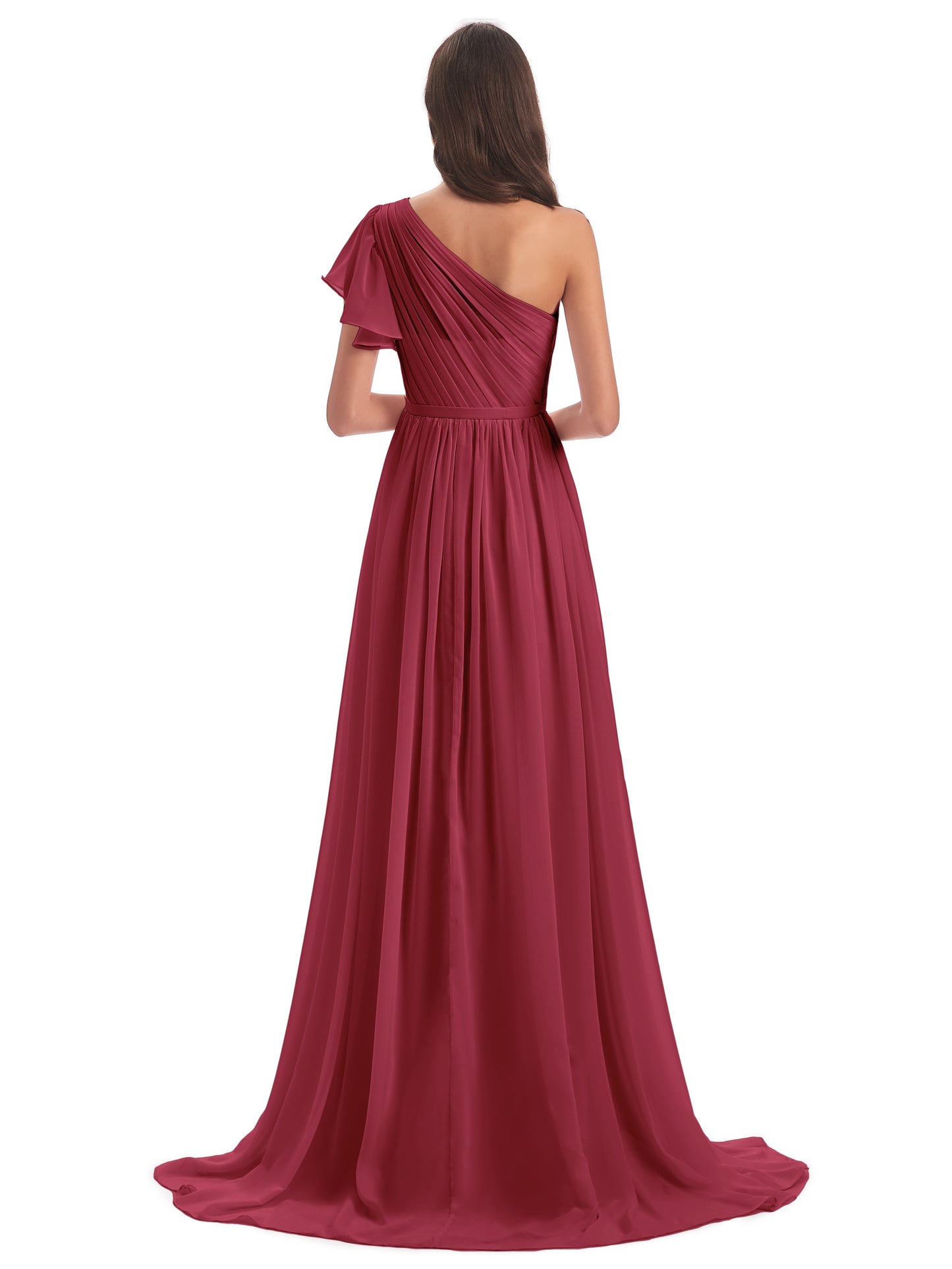 A-line Sweep-Brush Train One Shoulder Chiffon Long Bridesmaid Dresses
