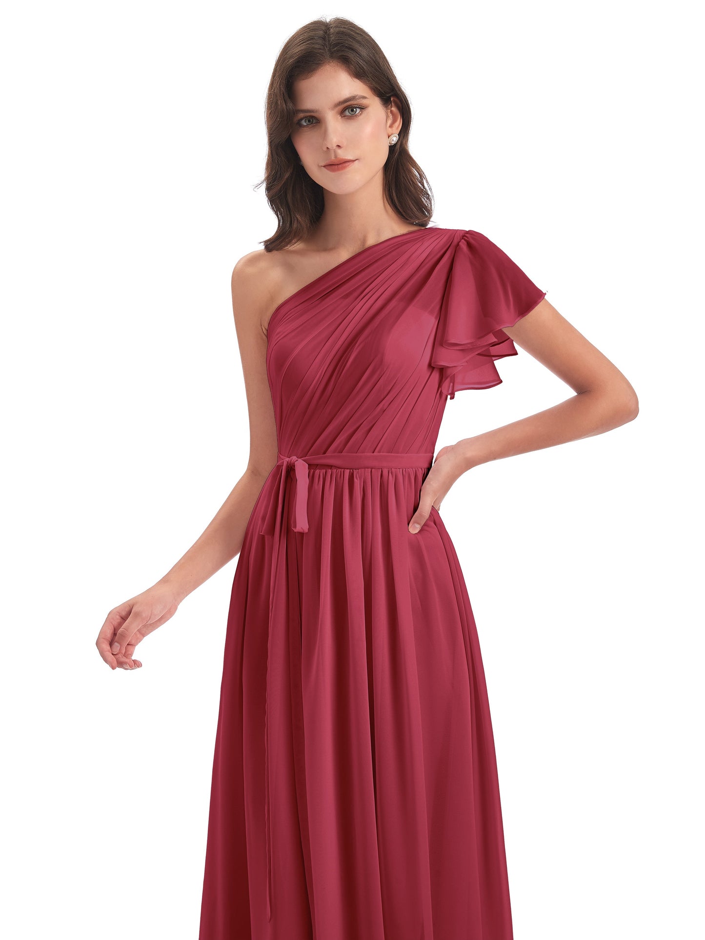 A-line Sweep-Brush Train One Shoulder Chiffon Long Bridesmaid Dresses