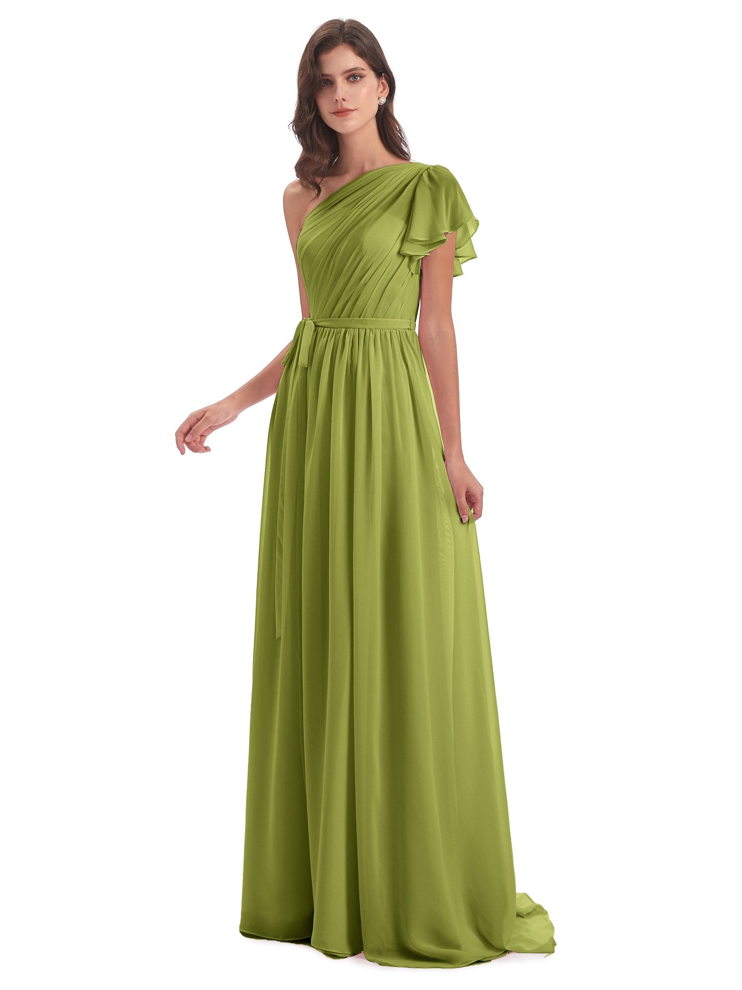 A-line Sweep-Brush Train One Shoulder Chiffon Long Bridesmaid Dresses