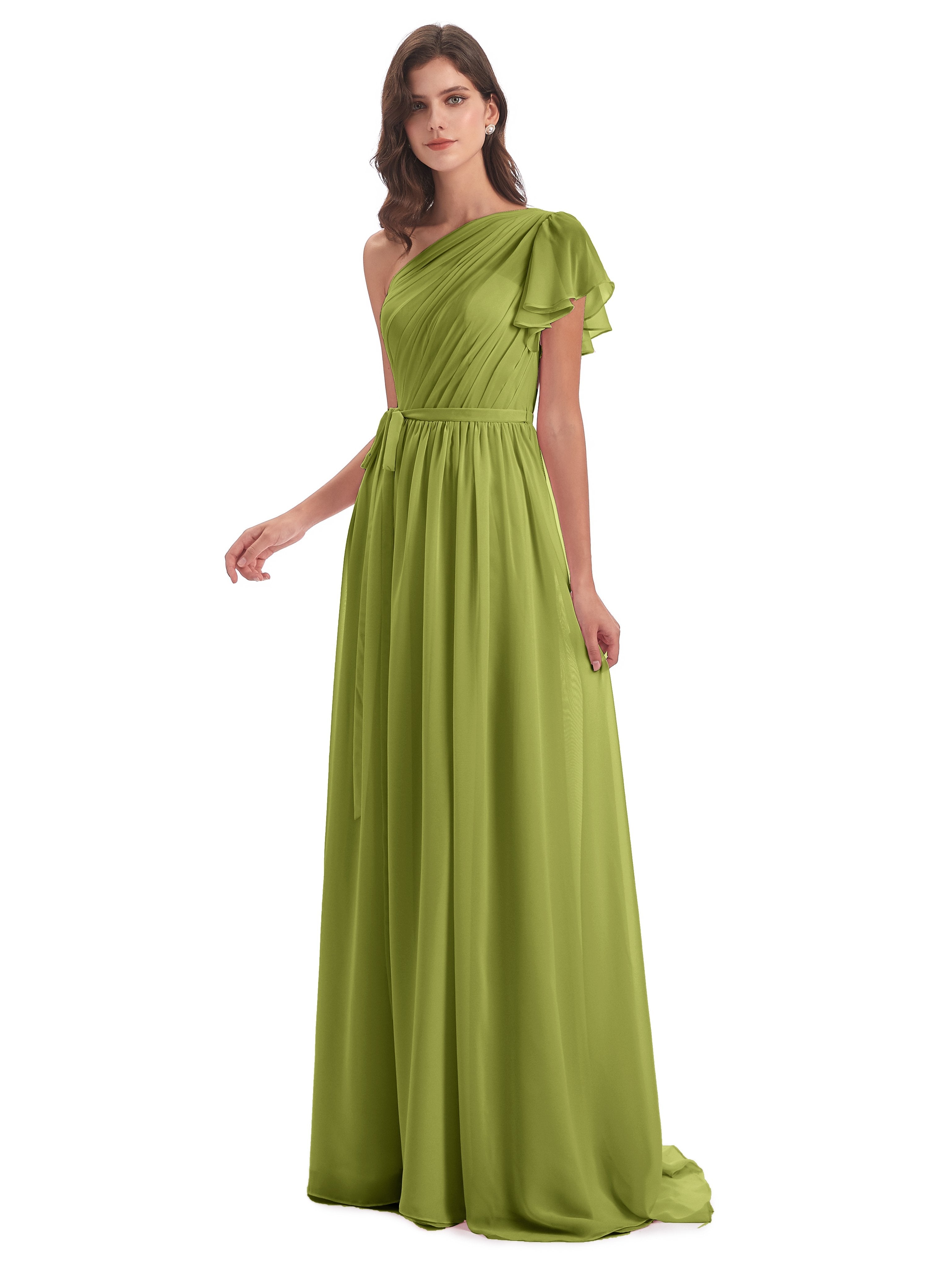 A-line Sweep-Brush Train One Shoulder Chiffon Long Bridesmaid Dresses