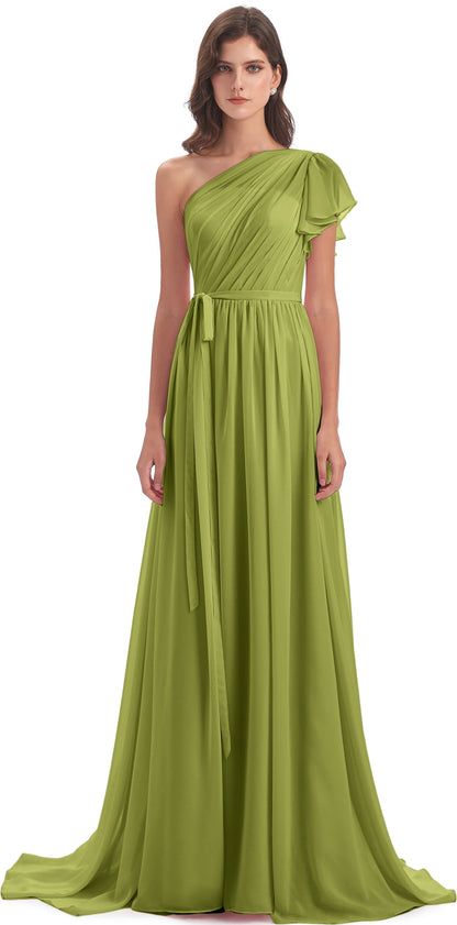 A-line Sweep-Brush Train One Shoulder Chiffon Long Bridesmaid Dresses