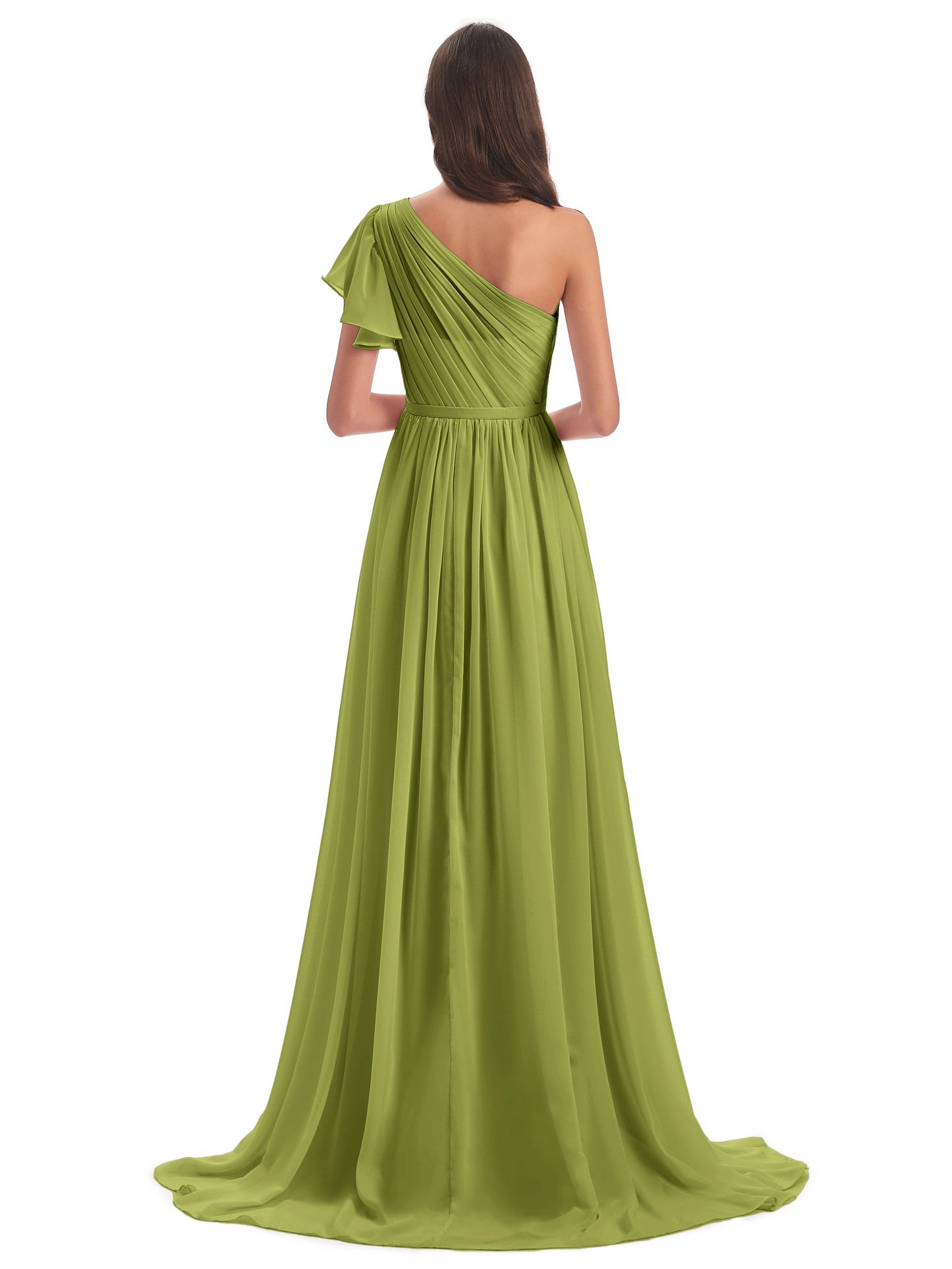 A-line Sweep-Brush Train One Shoulder Chiffon Long Bridesmaid Dresses