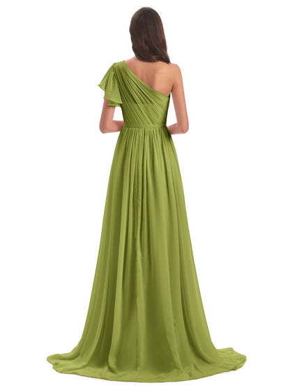 A-line Sweep-Brush Train One Shoulder Chiffon Long Bridesmaid Dresses