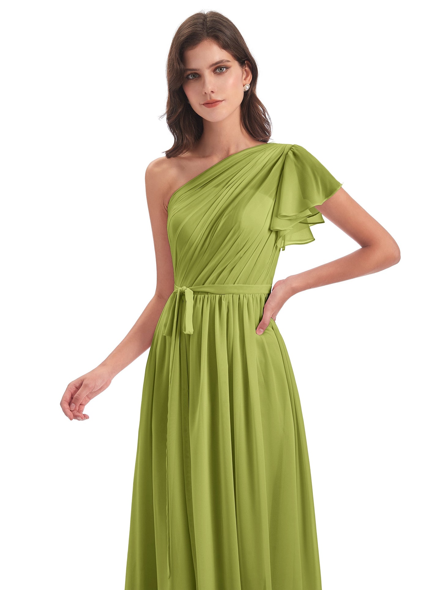 A-line Sweep-Brush Train One Shoulder Chiffon Long Bridesmaid Dresses
