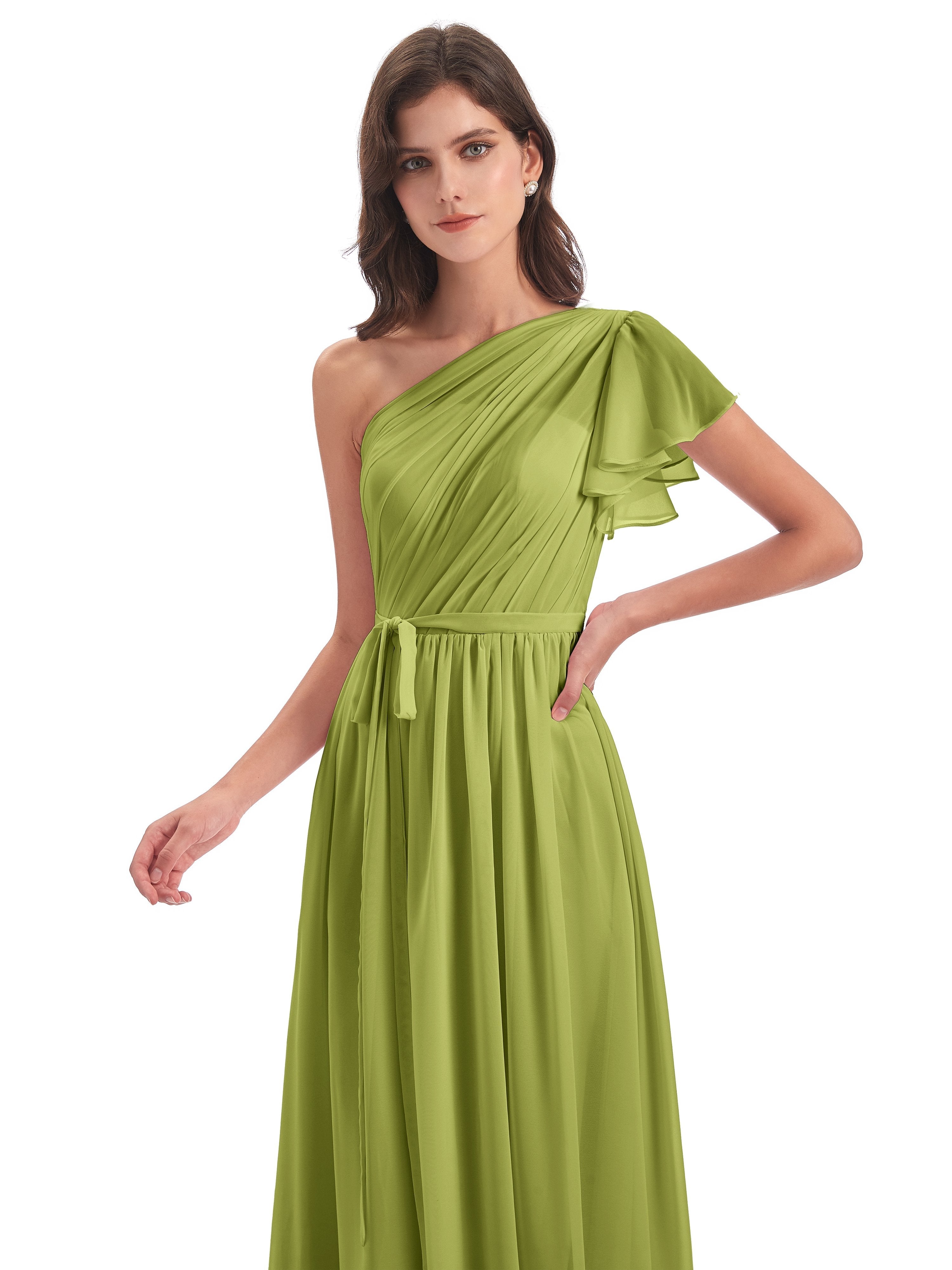 A-line Sweep-Brush Train One Shoulder Chiffon Long Bridesmaid Dresses