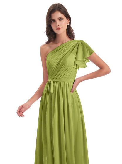 A-line Sweep-Brush Train One Shoulder Chiffon Long Bridesmaid Dresses