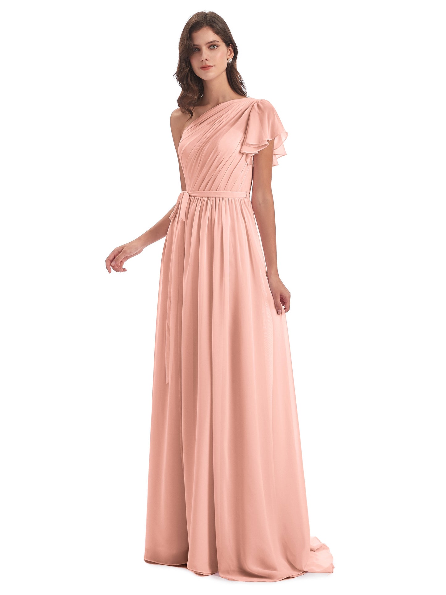 A-line Sweep-Brush Train One Shoulder Chiffon Long Bridesmaid Dresses