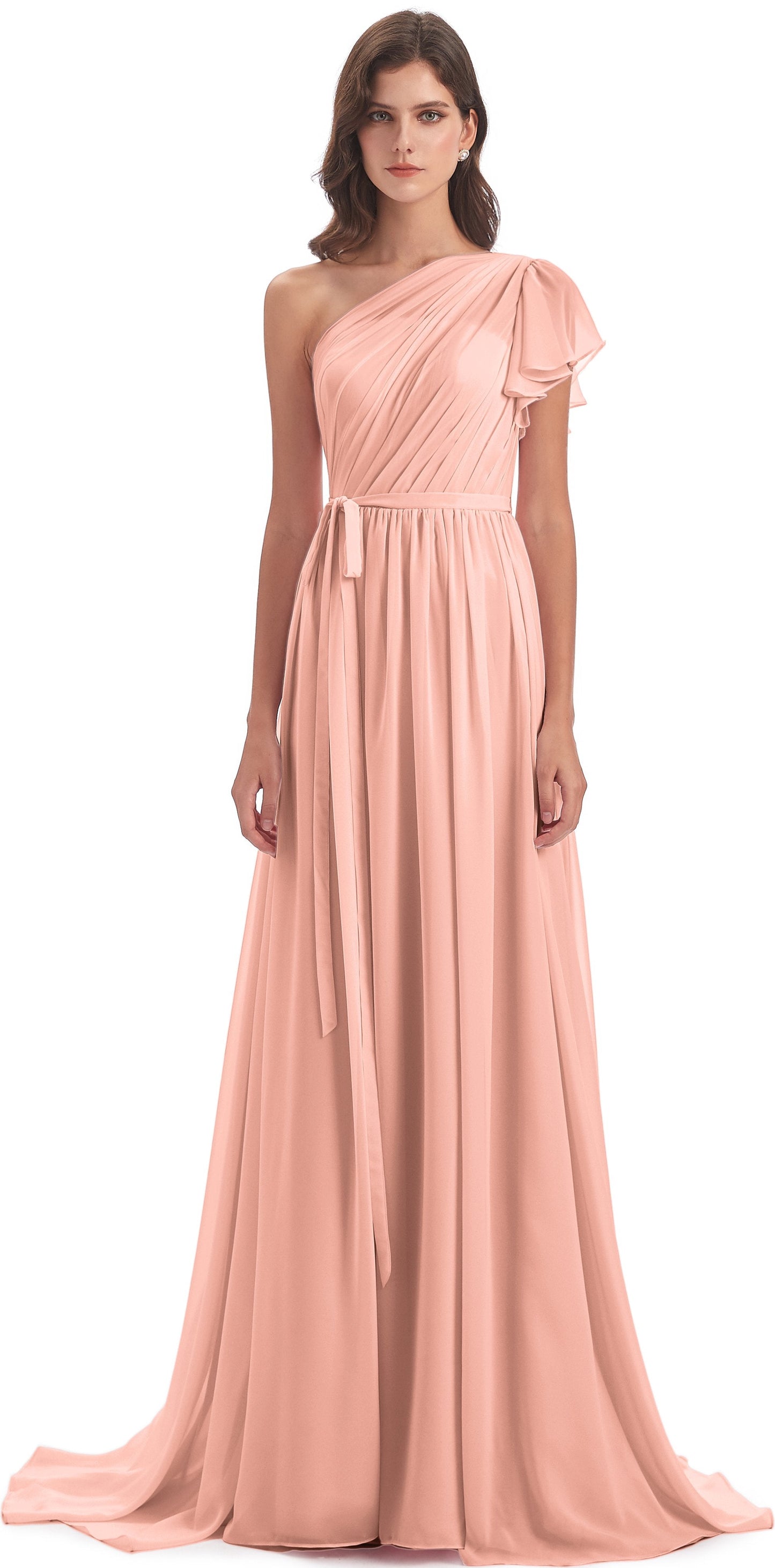A-line Sweep-Brush Train One Shoulder Chiffon Long Bridesmaid Dresses