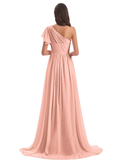 A-line Sweep-Brush Train One Shoulder Chiffon Long Bridesmaid Dresses