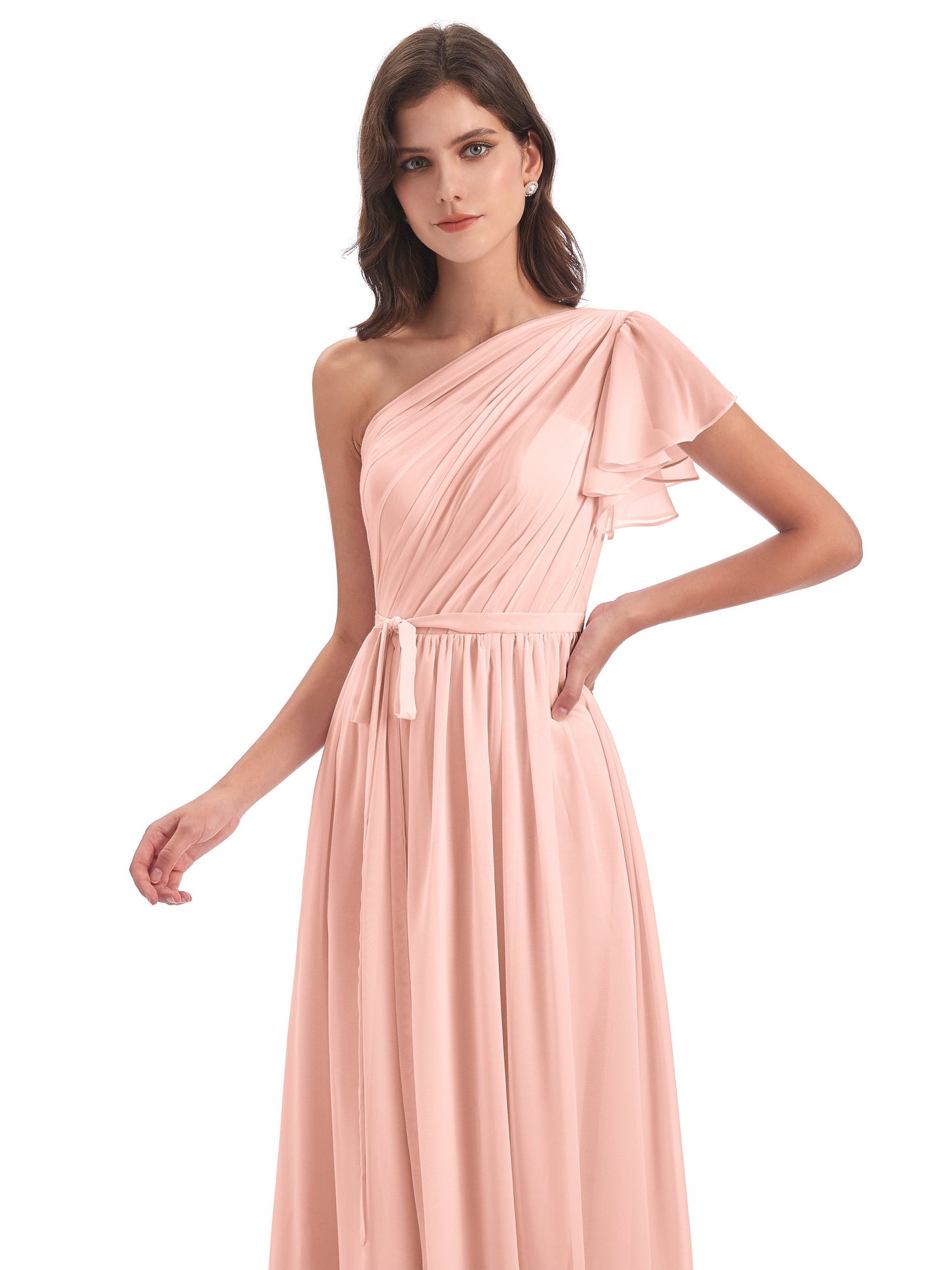 A-line Sweep-Brush Train One Shoulder Chiffon Long Bridesmaid Dresses