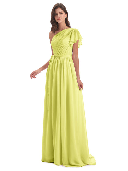 A-line Sweep-Brush Train One Shoulder Chiffon Long Bridesmaid Dresses