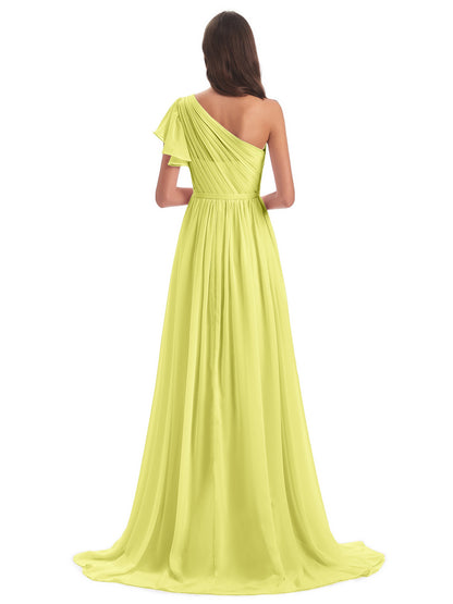 A-line Sweep-Brush Train One Shoulder Chiffon Long Bridesmaid Dresses