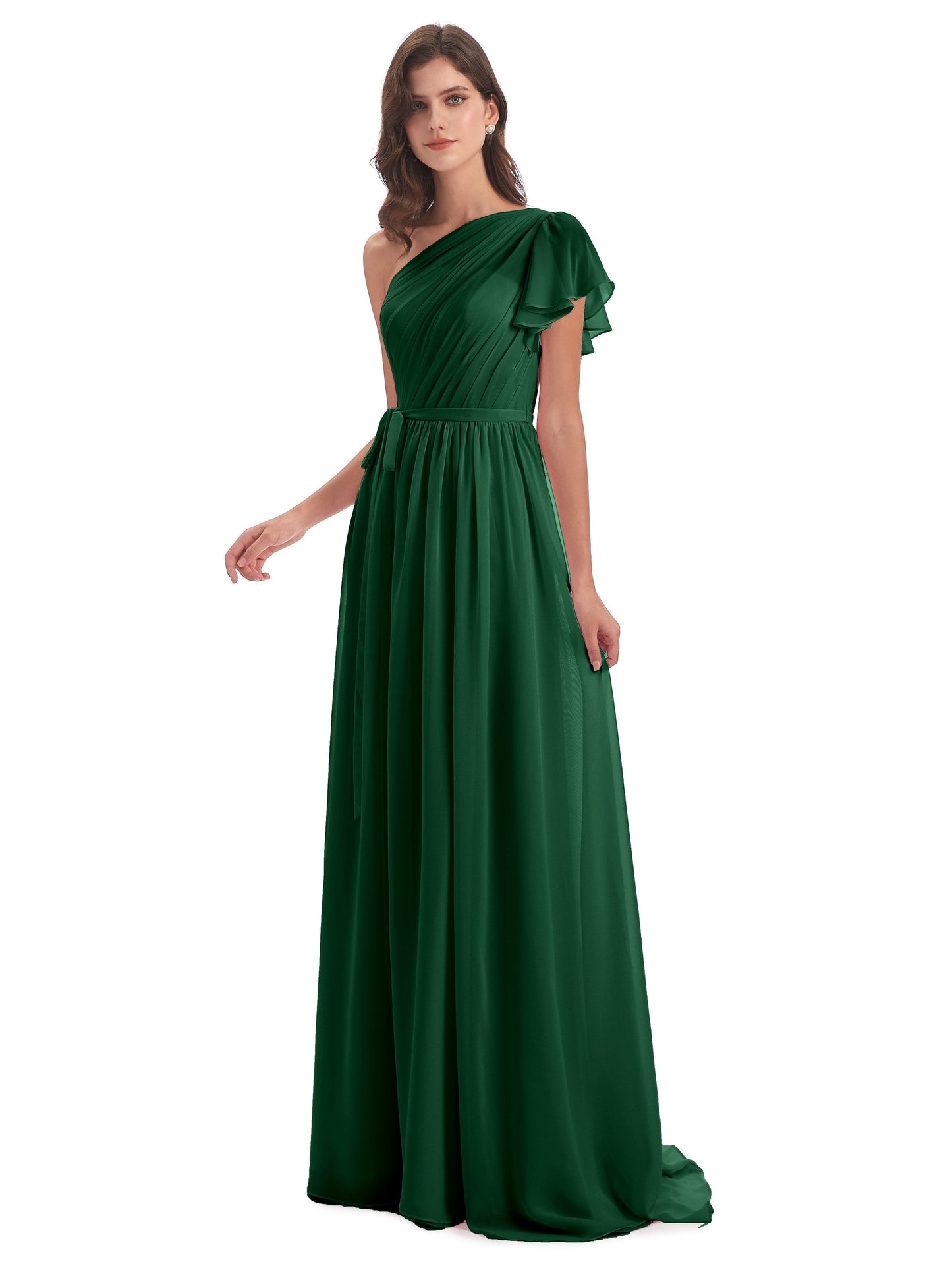 A-line Sweep-Brush Train One Shoulder Chiffon Long Bridesmaid Dresses
