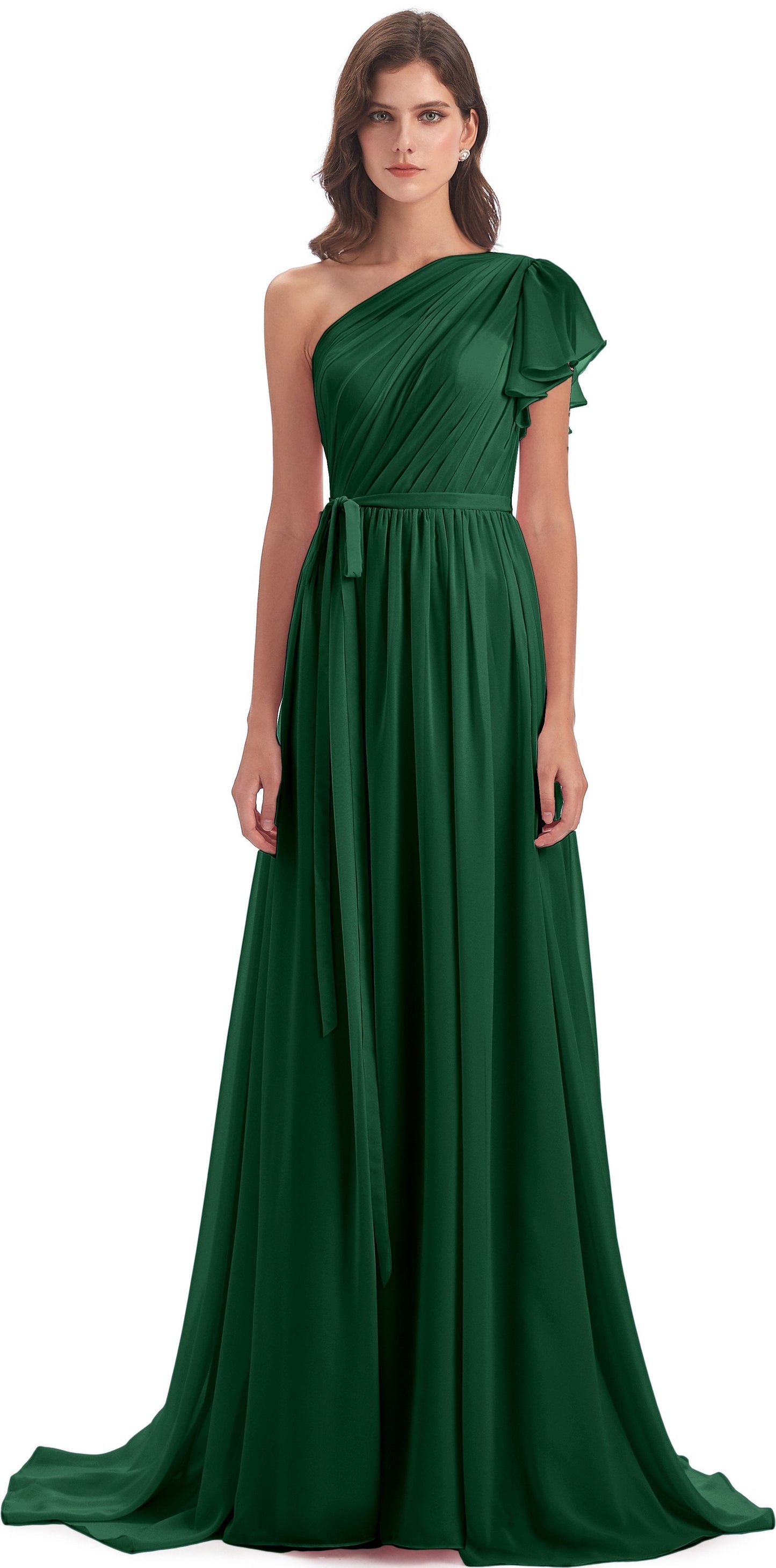 A-line Sweep-Brush Train One Shoulder Chiffon Long Bridesmaid Dresses