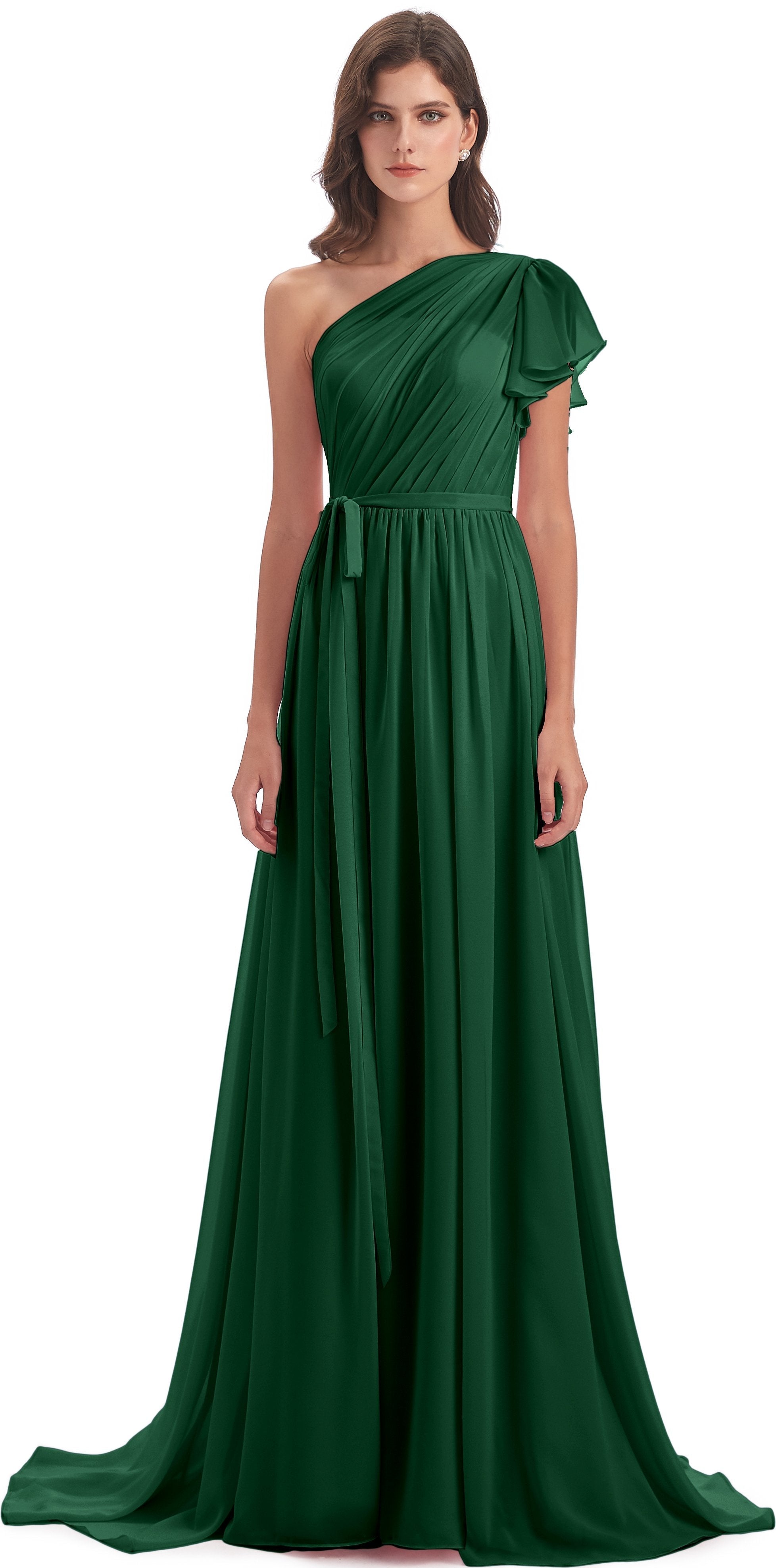 A-line Sweep-Brush Train One Shoulder Chiffon Long Bridesmaid Dresses