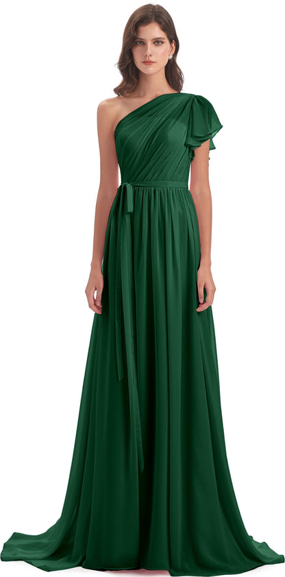 A-line Sweep-Brush Train One Shoulder Chiffon Long Bridesmaid Dresses