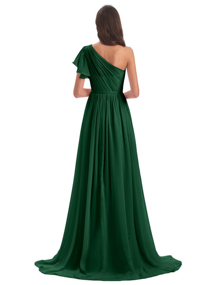 A-line Sweep-Brush Train One Shoulder Chiffon Long Bridesmaid Dresses
