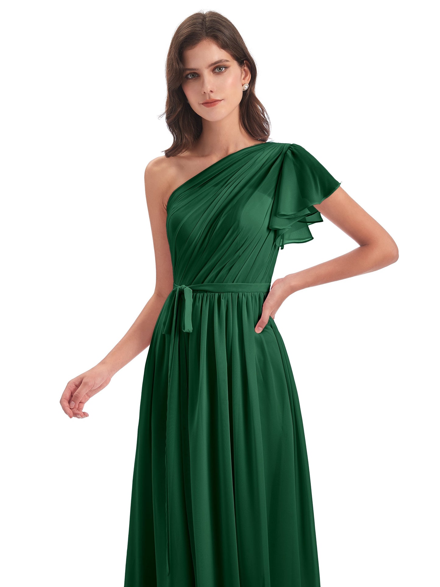 A-line Sweep-Brush Train One Shoulder Chiffon Long Bridesmaid Dresses