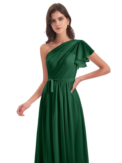 A-line Sweep-Brush Train One Shoulder Chiffon Long Bridesmaid Dresses