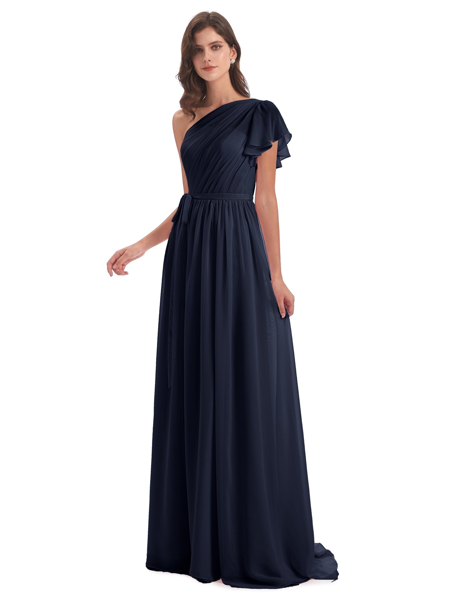 A-line Sweep-Brush Train One Shoulder Chiffon Long Bridesmaid Dresses