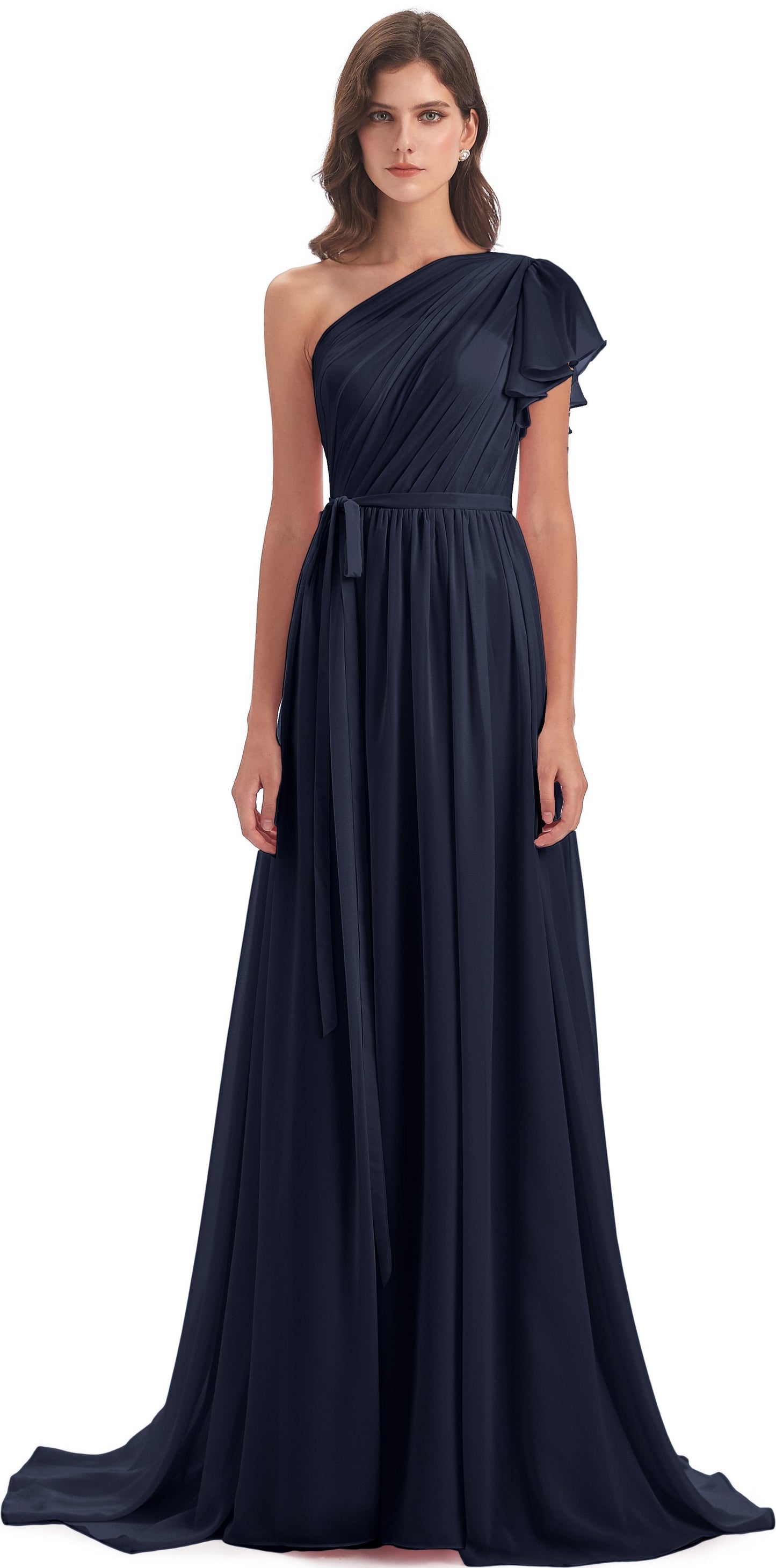 A-line Sweep-Brush Train One Shoulder Chiffon Long Bridesmaid Dresses