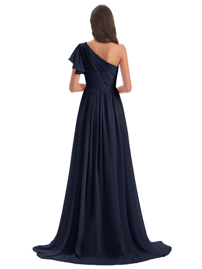 A-line Sweep-Brush Train One Shoulder Chiffon Long Bridesmaid Dresses