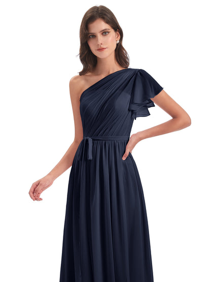 A-line Sweep-Brush Train One Shoulder Chiffon Long Bridesmaid Dresses